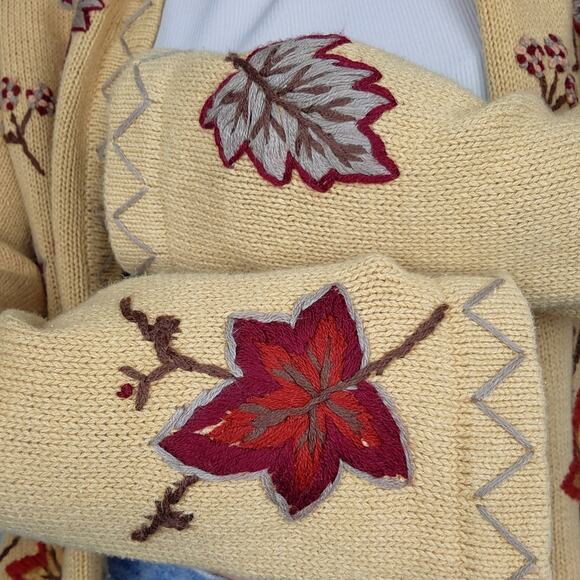 Vintage Leaf Cardigan Sweater Embroidered Cotton XL - Picture 9 of 11